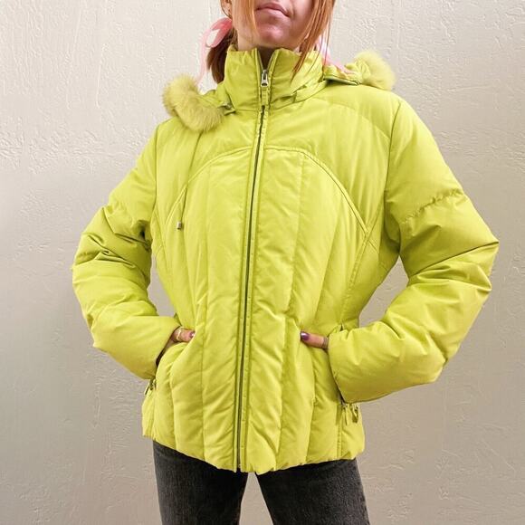 LEL Lime Green Down Feather Fur Trim Puffer Ski Jacket - Picture 1 of 7